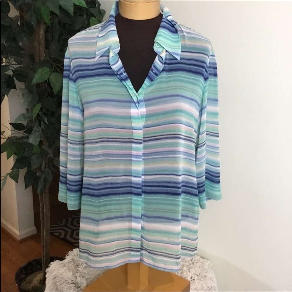 Liz Claiborne blouse Woman’s petite large striped semi sheer hidden bu…